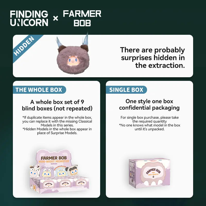 FARMER BOB MINI-NIGHT MONSTER SERIES Cute Figures Desktop Ornament Collectible Toys Birthday Gifts(1 box)